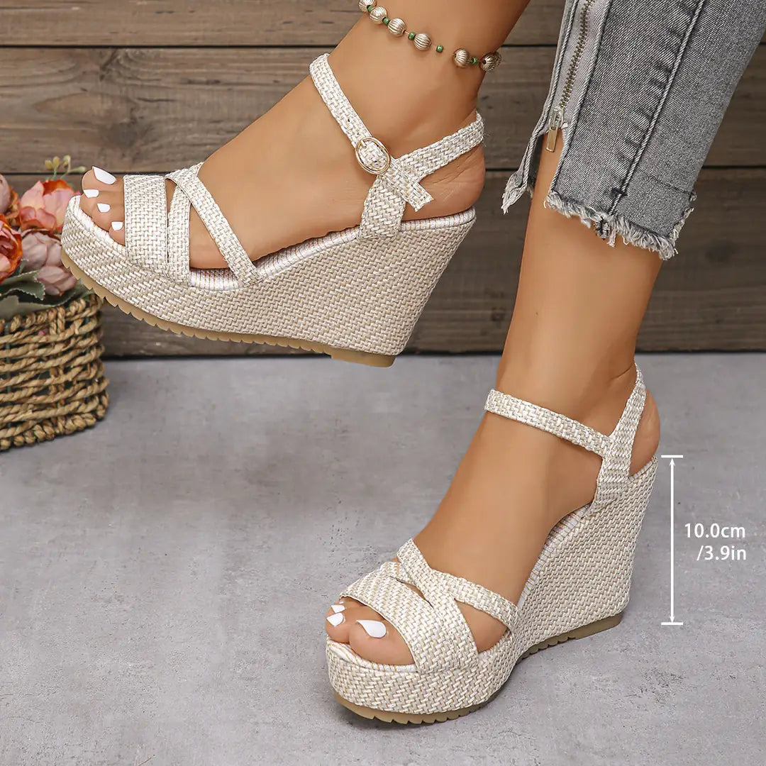 White Women's Chic Woven Strap White Platform Sandals — Natalia Wedge Ankle Buckle - Close Up Detail