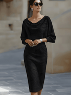 Women's Round Neck Midi Dress with Batwing Sleeves & Back Zip — Kira