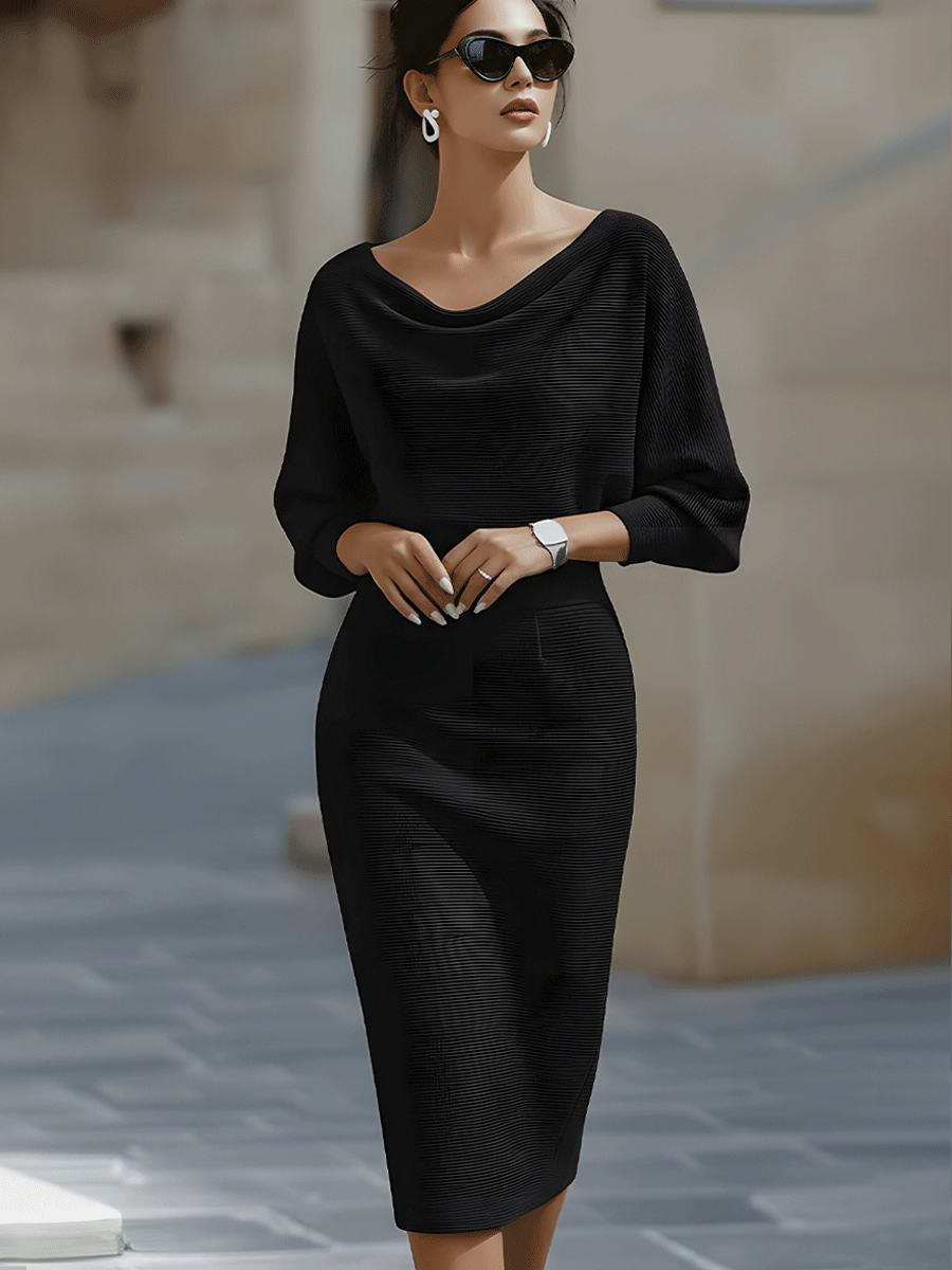 Women's Round Neck Midi Dress with Batwing Sleeves & Back Zip — Kira