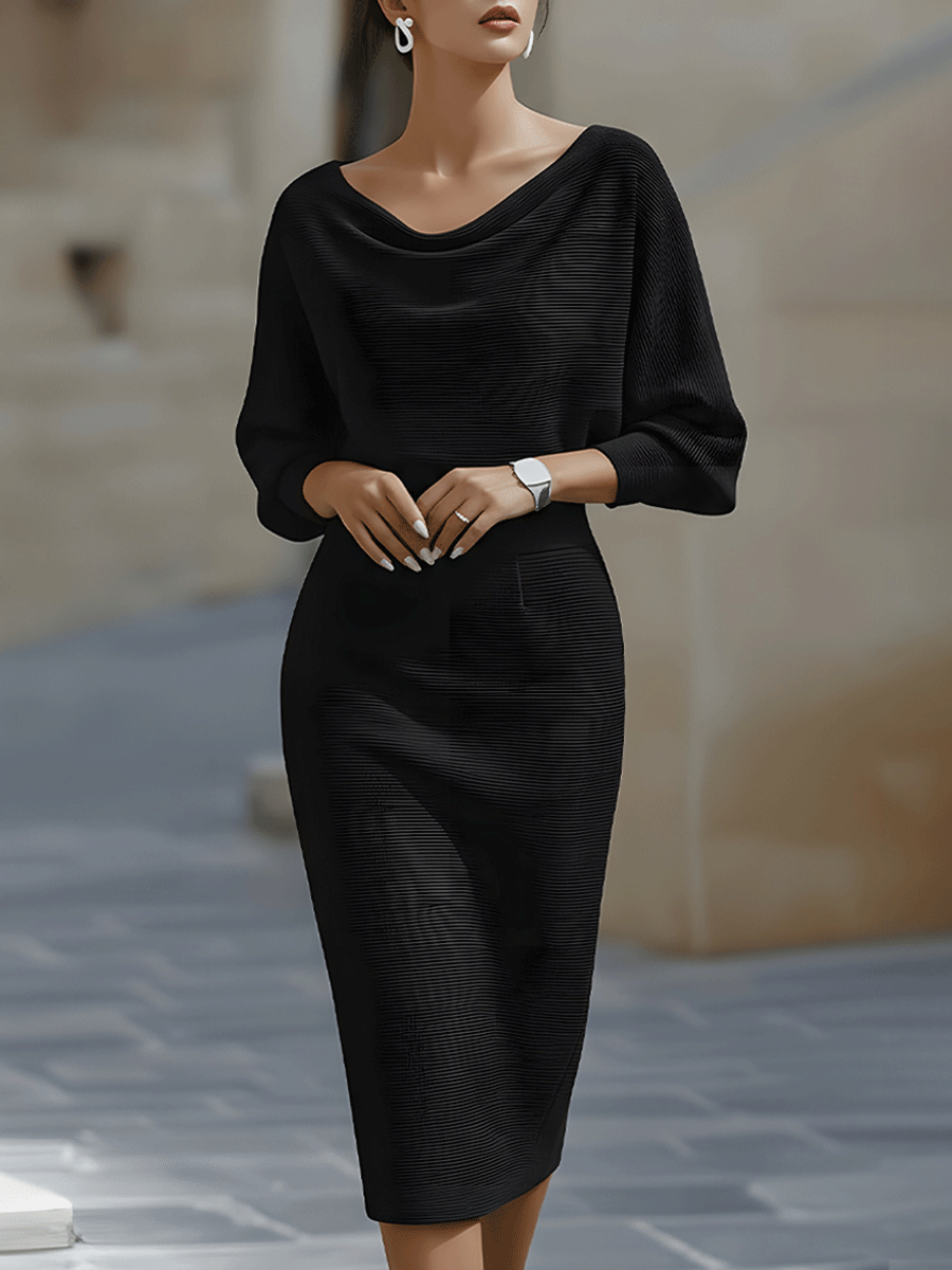 Women's Round Neck Midi Dress with Batwing Sleeves & Back Zip — Kira