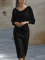 Women's Round Neck Midi Dress with Batwing Sleeves & Back Zip — Kira