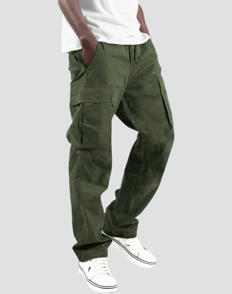 Army Green Men's Cargo Pants with Multiple Pockets, Relaxed Fit & Adjustable Waist