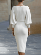 Women's Round Neck Midi Dress with Batwing Sleeves & Back Zip — Kira