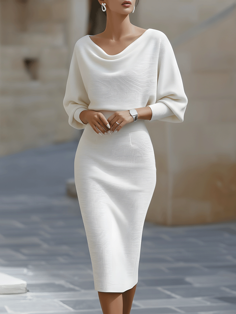 Women's Round Neck Midi Dress with Batwing Sleeves & Back Zip — Kira