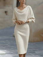 Women's Round Neck Midi Dress with Batwing Sleeves & Back Zip — Kira