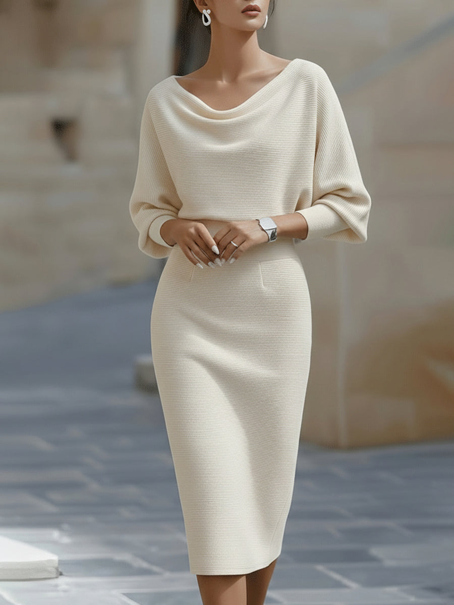 Women's Round Neck Midi Dress with Batwing Sleeves & Back Zip — Kira