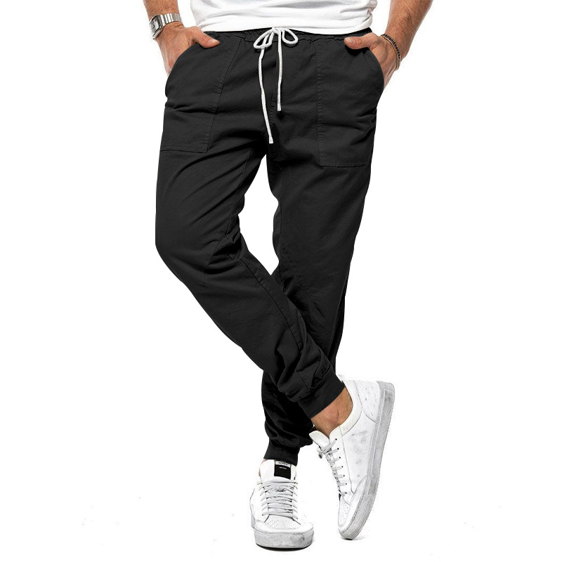 Black Men's Casual Pants with Drawstring Waist & Cuffed Ankles
