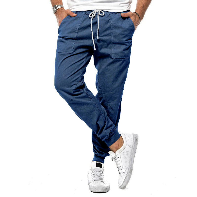 Blue Men's Casual Pants with Drawstring Waist & Cuffed Ankles