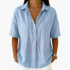 Women's Collared Button Blouse with Relaxed Short Sleeves — Mila