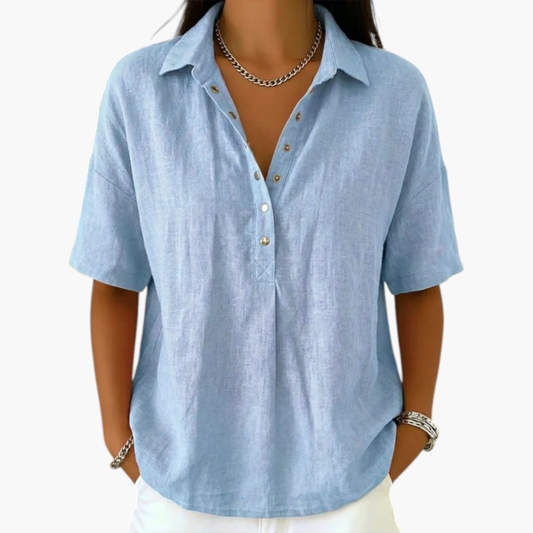 Women's Collared Button Blouse with Relaxed Short Sleeves — Mila