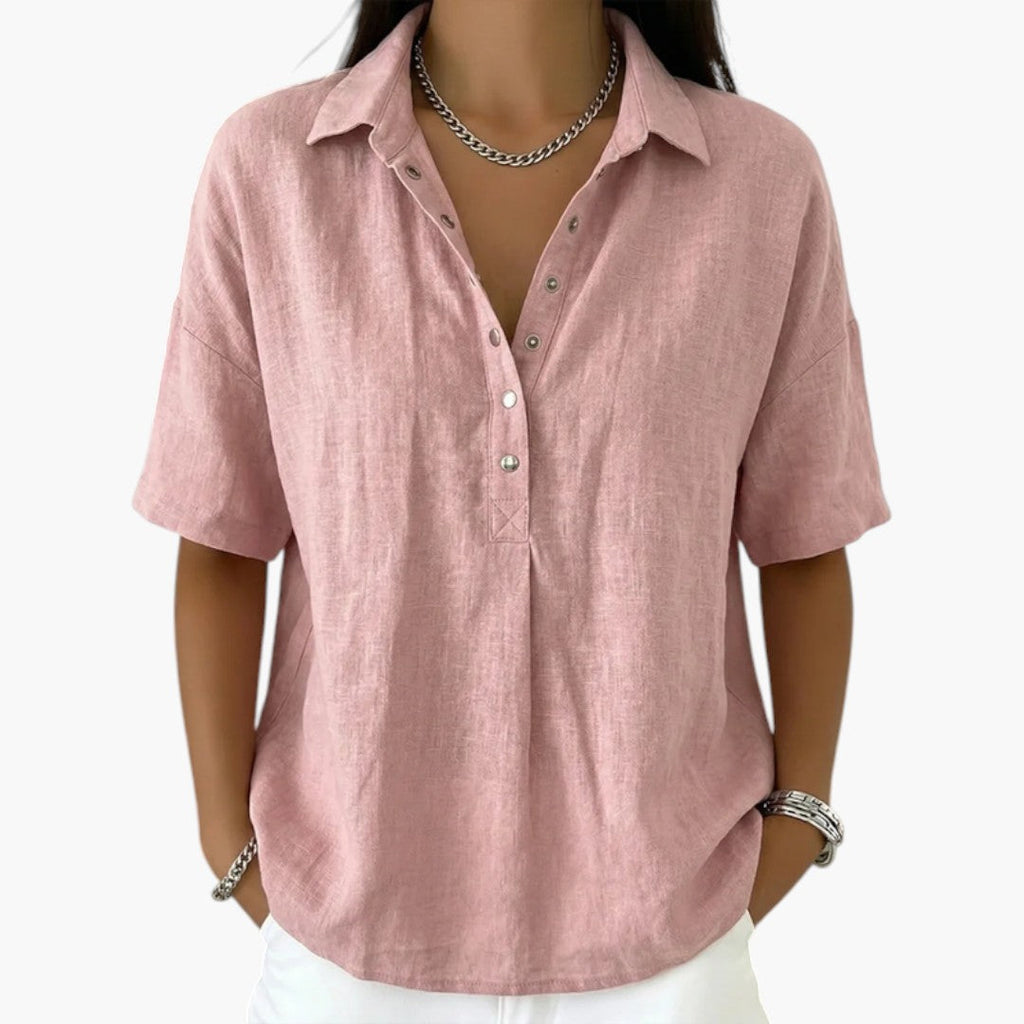 Pink Women's Collared Button Blouse with Relaxed Short Sleeves