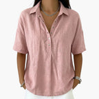 Pink Women's Collared Button Blouse with Relaxed Short Sleeves