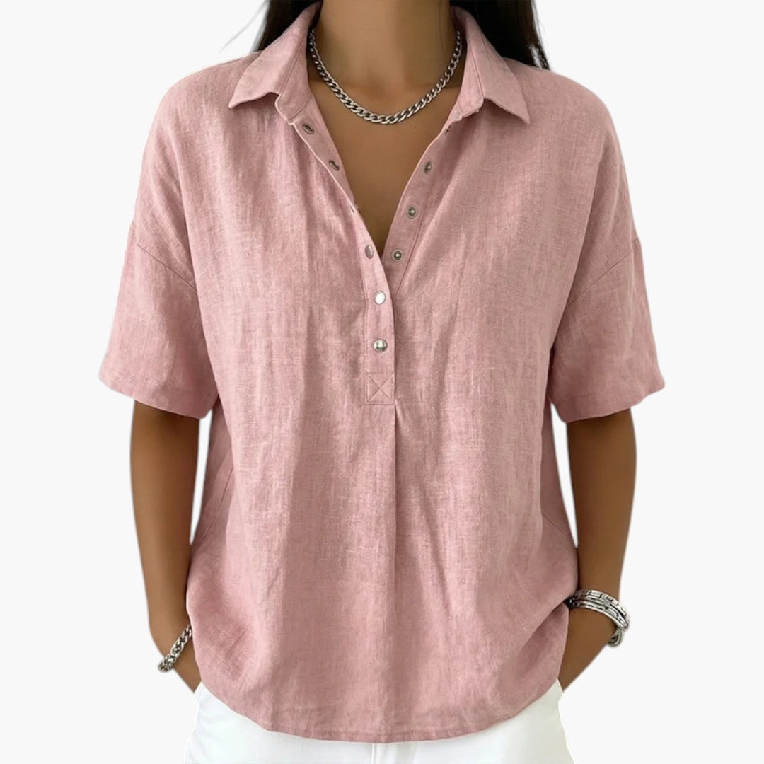 Pink Women's Collared Button Blouse with Relaxed Short Sleeves