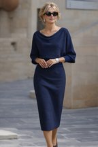 Women's Round Neck Midi Dress with Batwing Sleeves & Back Zip — Kira