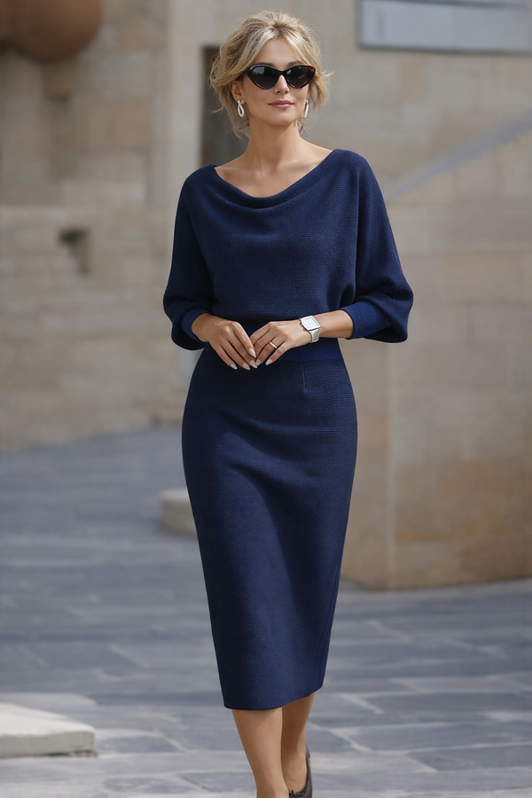 Women's Round Neck Midi Dress with Batwing Sleeves & Back Zip — Kira