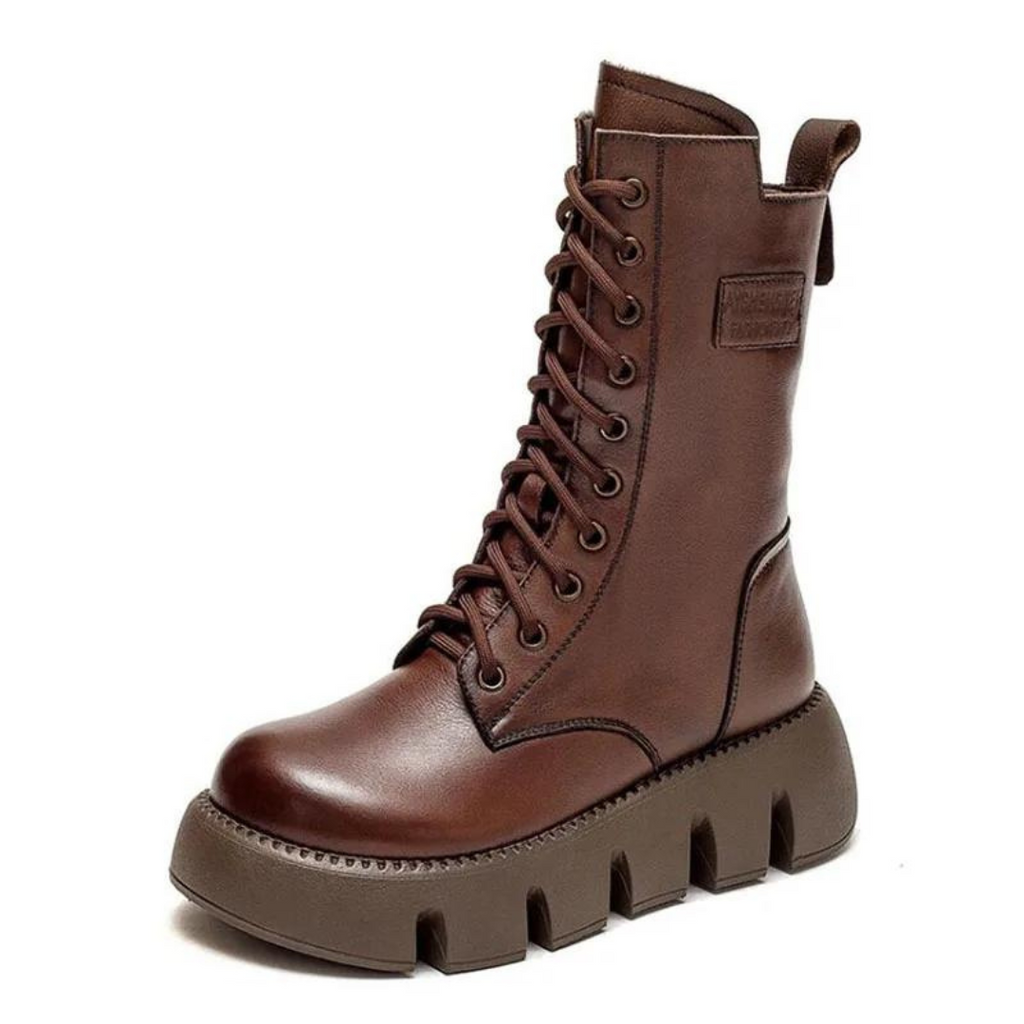 Brown Women's Chunky Platform Combat Boots with Lace-Up Front & Side Zip