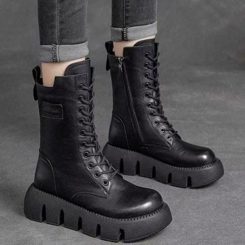 Women's Chunky Platform Combat Boots with Lace-Up Front & Side Zip — Vivien