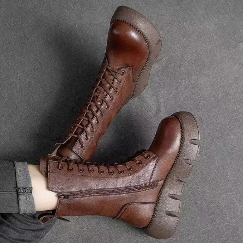 Black Women's Chunky Platform Combat Boots with Lace-Up Front & Side Zip