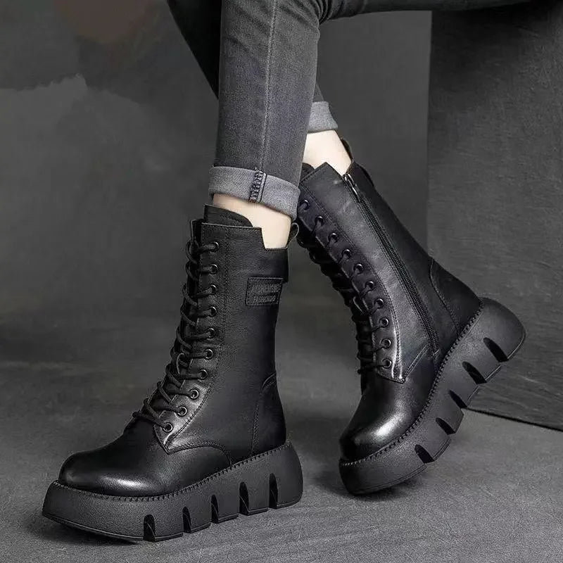 Women's Chunky Platform Combat Boots with Lace-Up Front & Side Zip — Vivien