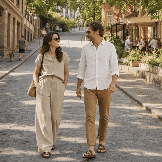 A couple walking a tree-lined street in Liam & Livia summer linen