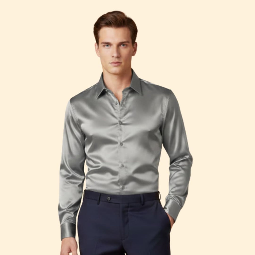 Men's Satin Button Down Shirt with Tailored Fit & Spread Collar — Cole