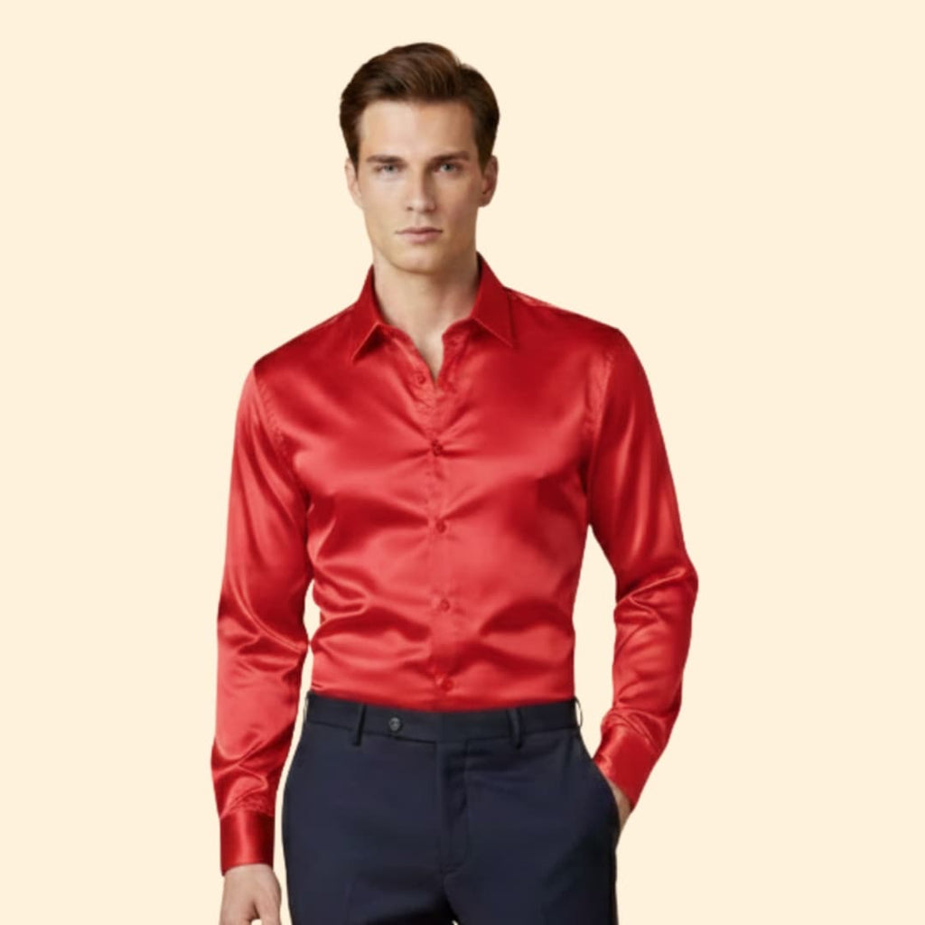 Men's Satin Button Down Shirt with Tailored Fit & Spread Collar — Cole