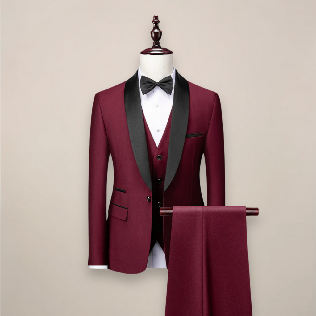 Men's Three Piece Shawl Lapel Tuxedo with Satin Trim & Tailored Fit — Ronan