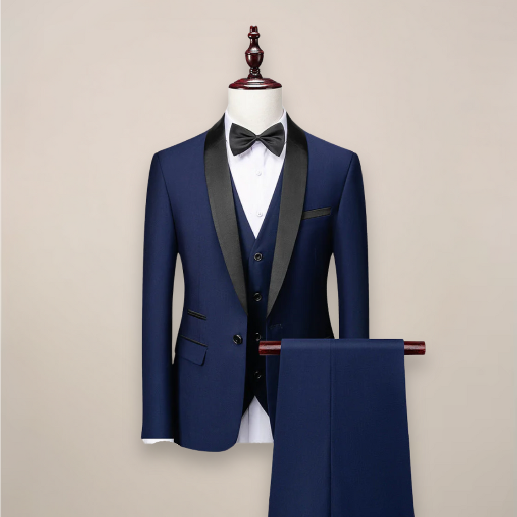 Men's Three Piece Shawl Lapel Tuxedo with Satin Trim & Tailored Fit — Ronan