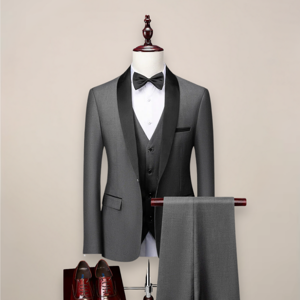 Men's Three Piece Shawl Lapel Tuxedo with Satin Trim & Tailored Fit — Ronan