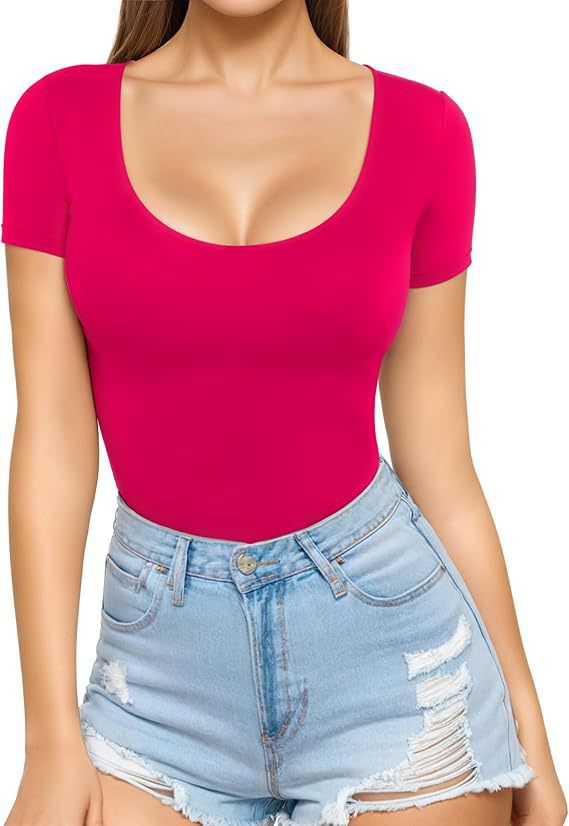 Rose Pink Women's Seamless Bodysuit with Scoop Neck & Short Sleeves