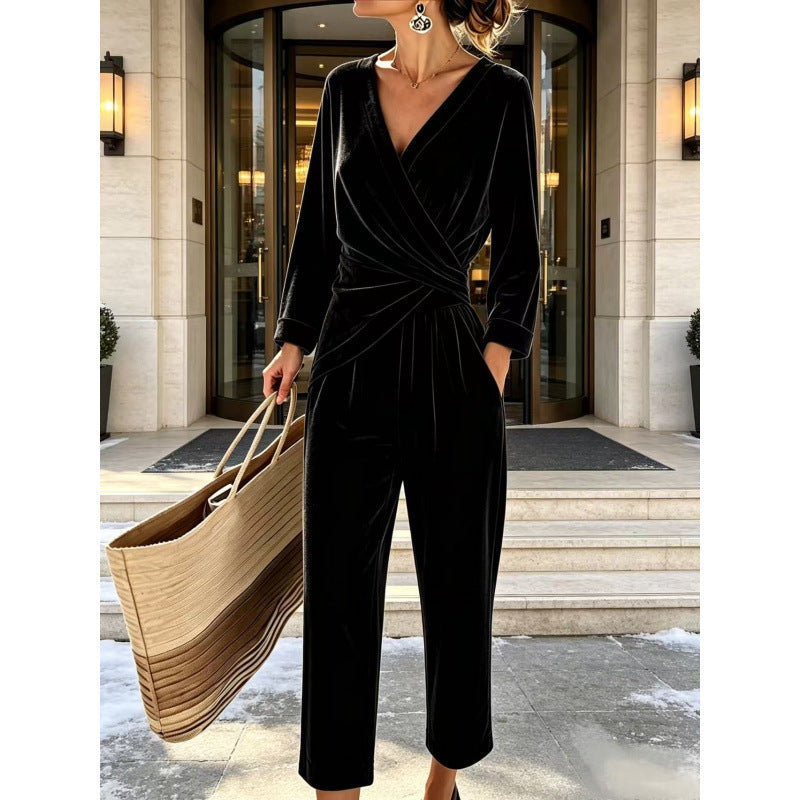 Women's Velvet Jumpsuit with Wrap Top & Relaxed Wide-Leg Fit