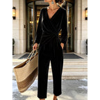 Women's Velvet Jumpsuit with Wrap Top & Relaxed Wide-Leg Fit