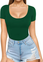 Dark Green Women's Seamless Bodysuit with Scoop Neck & Short Sleeves