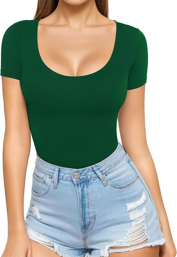 Dark Green Women's Seamless Bodysuit with Scoop Neck & Short Sleeves