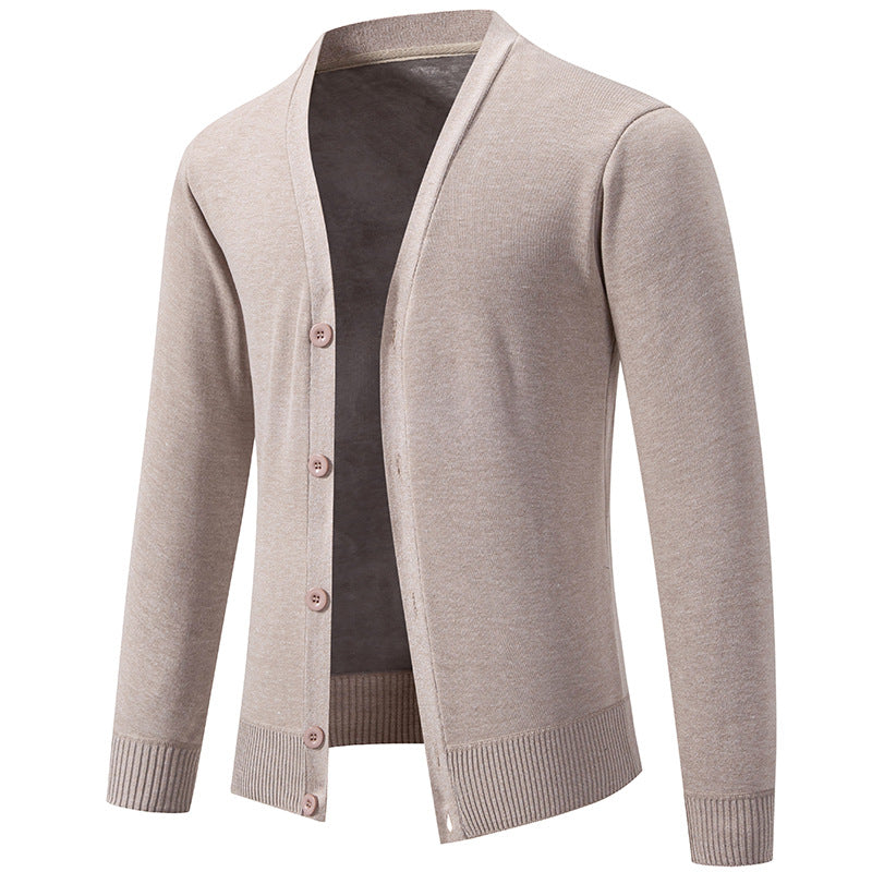 6971 Beige Men's Lightweight V-Neck Knit Cardigan with Button-Front Placket & Ribbed Cuffs