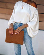 Women's Satin Blouse with Asymmetric Off-Shoulder Neckline & Relaxed Batwing Sleeves