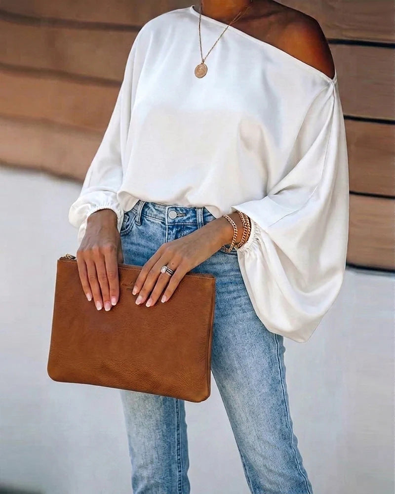 Women's Satin Blouse with Asymmetric Off-Shoulder Neckline & Relaxed Batwing Sleeves