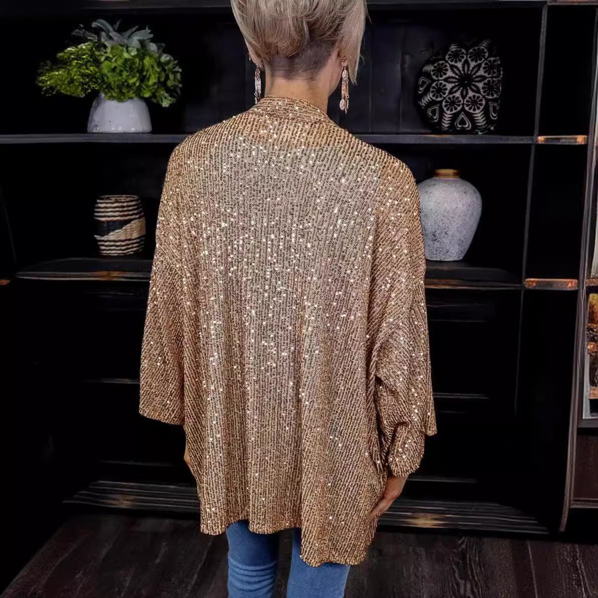 Women's Sequin Loose Fit Cardigan with Flowy Long Sleeves — Nola