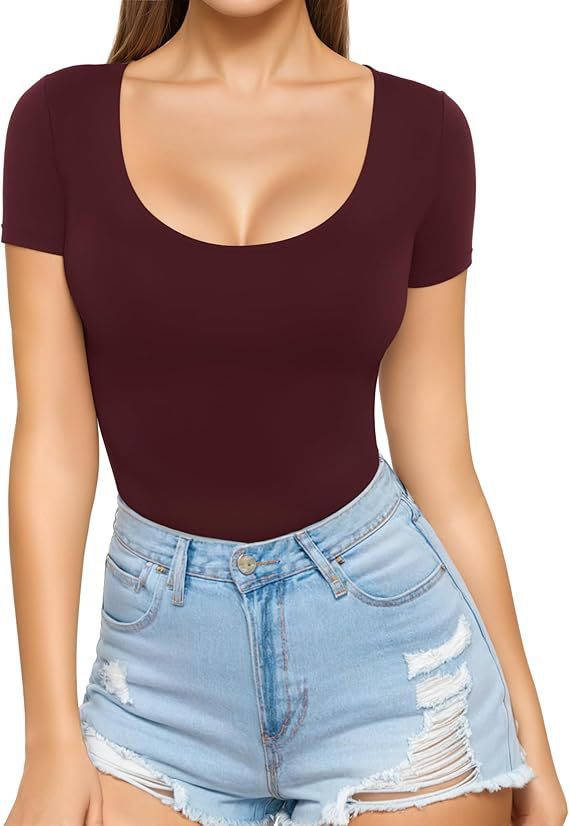 Women's Seamless Bodysuit with Scoop Neck & Short Sleeves