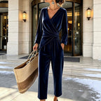 Dark Blue Women's Velvet Jumpsuit with Wrap Top & Relaxed Wide-Leg Fit