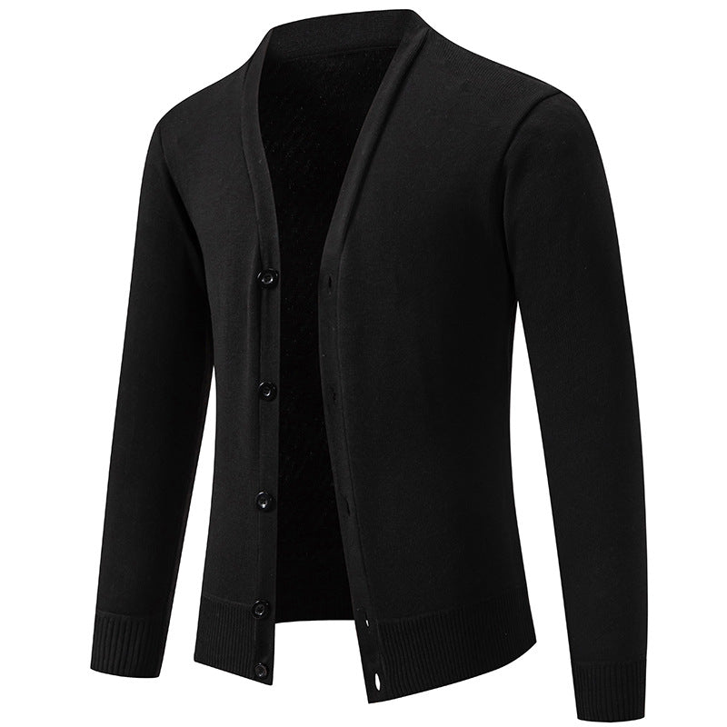 6971 Black Men's Lightweight V-Neck Knit Cardigan with Button-Front Placket & Ribbed Cuffs