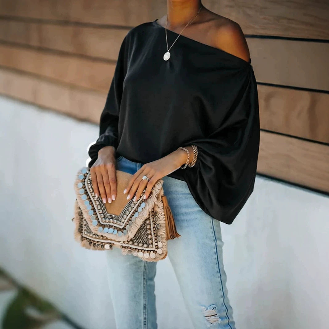Black Women's Satin Blouse with Asymmetric Off-Shoulder Neckline & Relaxed Batwing Sleeves