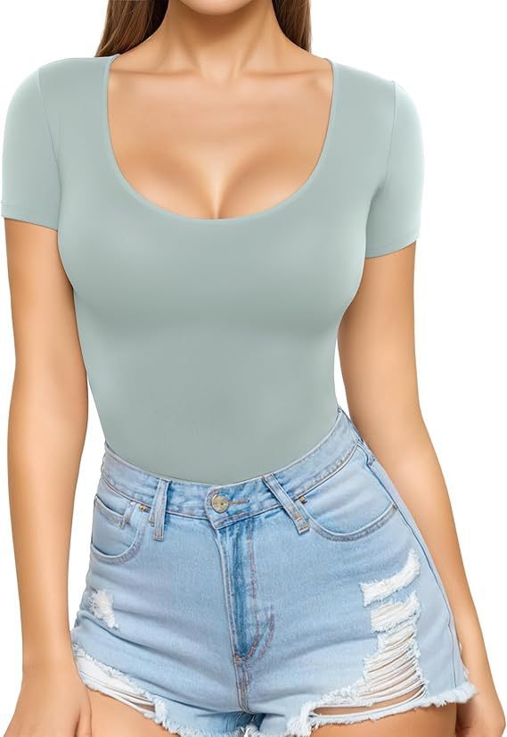 Elephant Gray Women's Seamless Bodysuit with Scoop Neck & Short Sleeves
