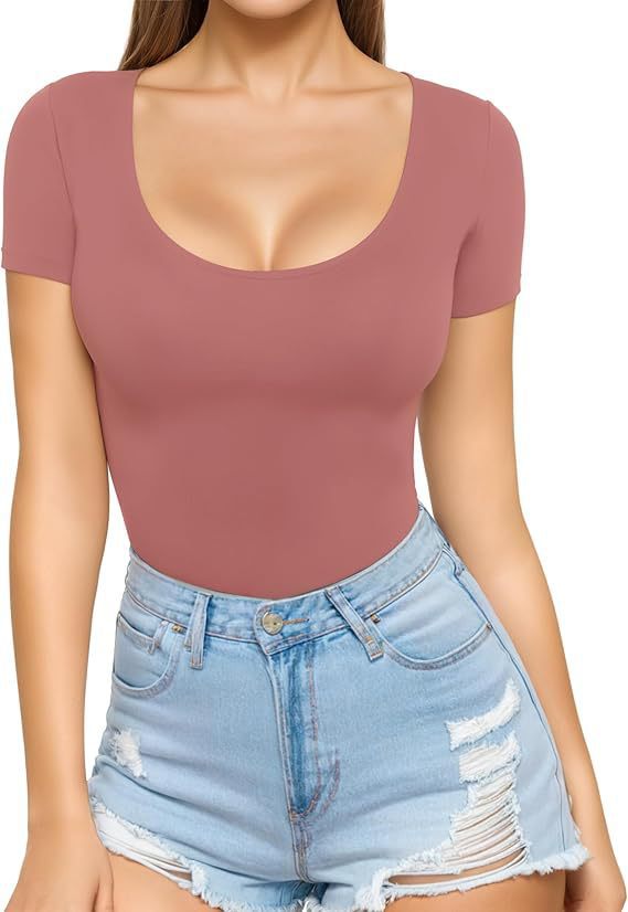 Crimson Red Women's Seamless Bodysuit with Scoop Neck & Short Sleeves