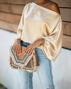 Women's Satin Blouse with Asymmetric Off-Shoulder Neckline & Relaxed Batwing Sleeves
