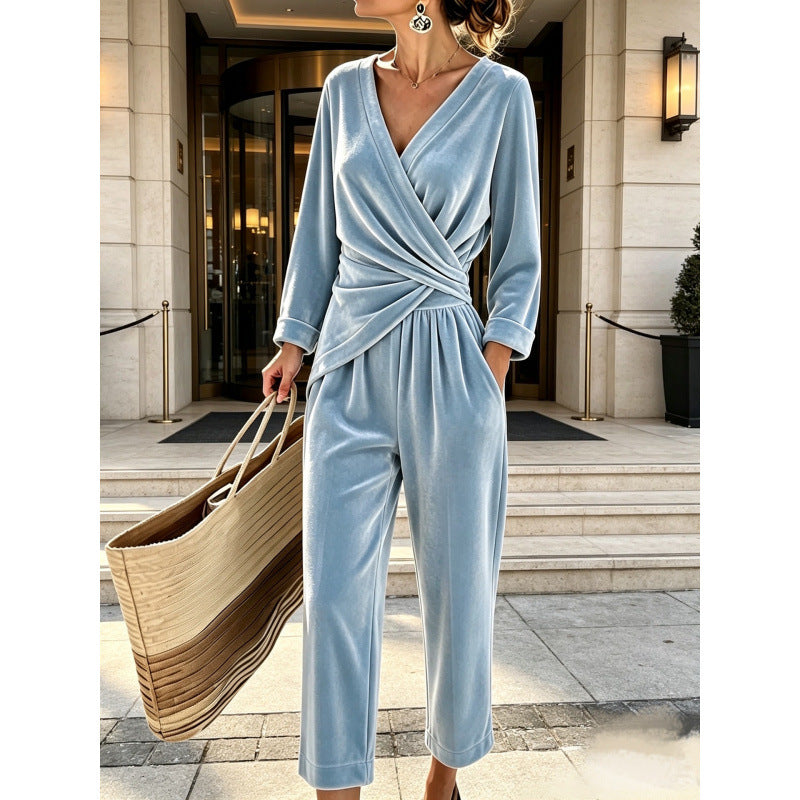 Women's Velvet Jumpsuit with Wrap Top & Relaxed Wide-Leg Fit