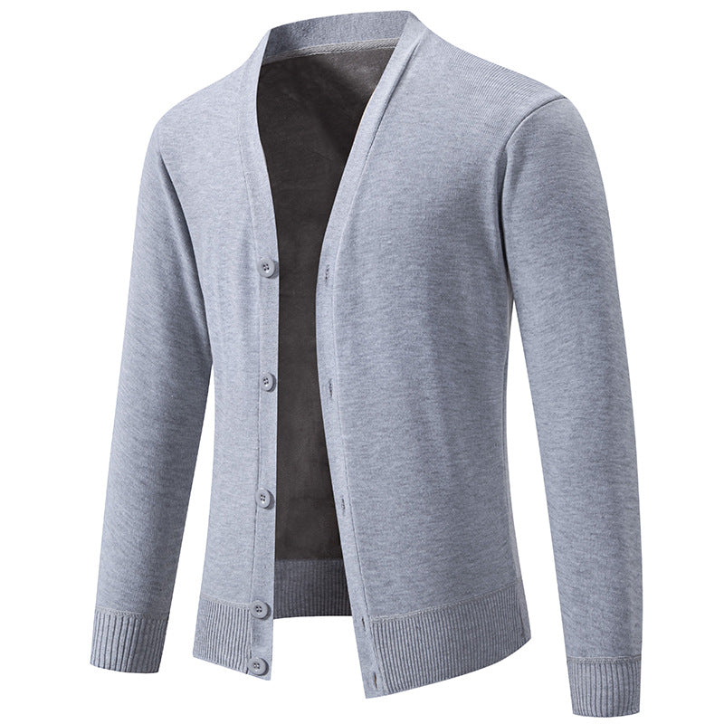 6971 Light Gray Men's Lightweight V-Neck Knit Cardigan with Button-Front Placket & Ribbed Cuffs