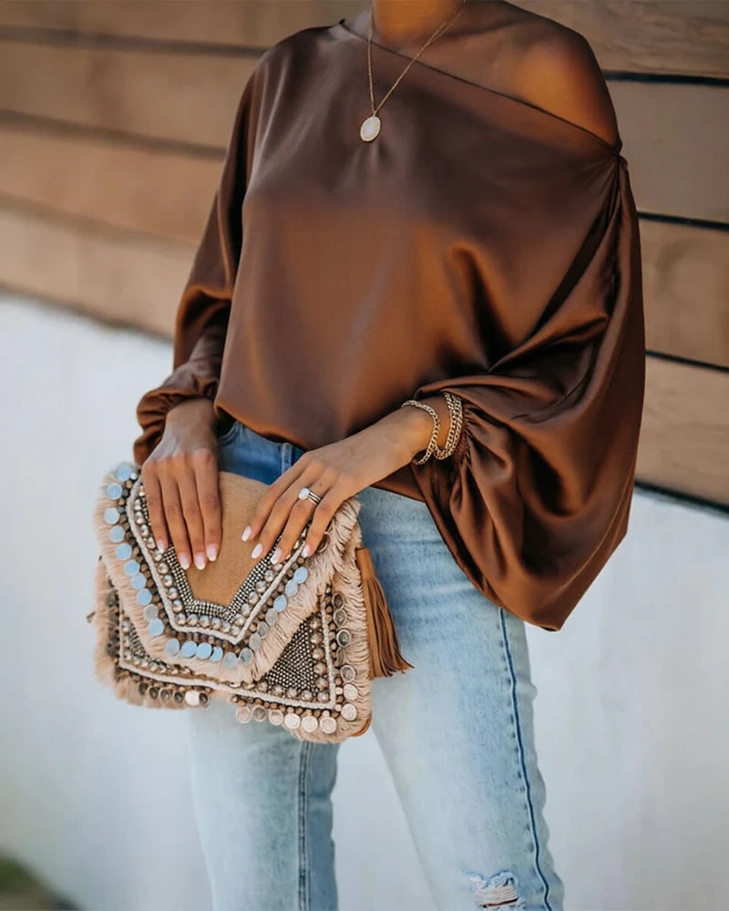 Women's Satin Blouse with Asymmetric Off-Shoulder Neckline & Relaxed Batwing Sleeves