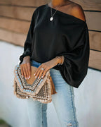 Women's Satin Blouse with Asymmetric Off-Shoulder Neckline & Relaxed Batwing Sleeves