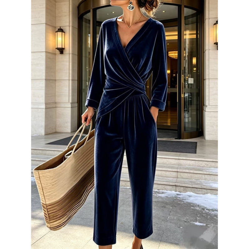 Women's Velvet Jumpsuit with Wrap Top & Relaxed Wide-Leg Fit